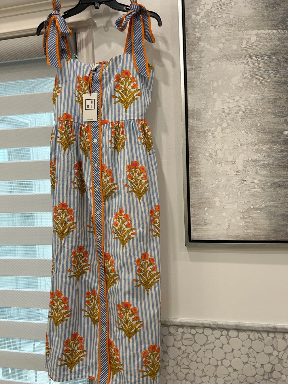 THML Blue and Orange Striped Floral Maxi Dress 100% Cotton - Picture 2 of 8